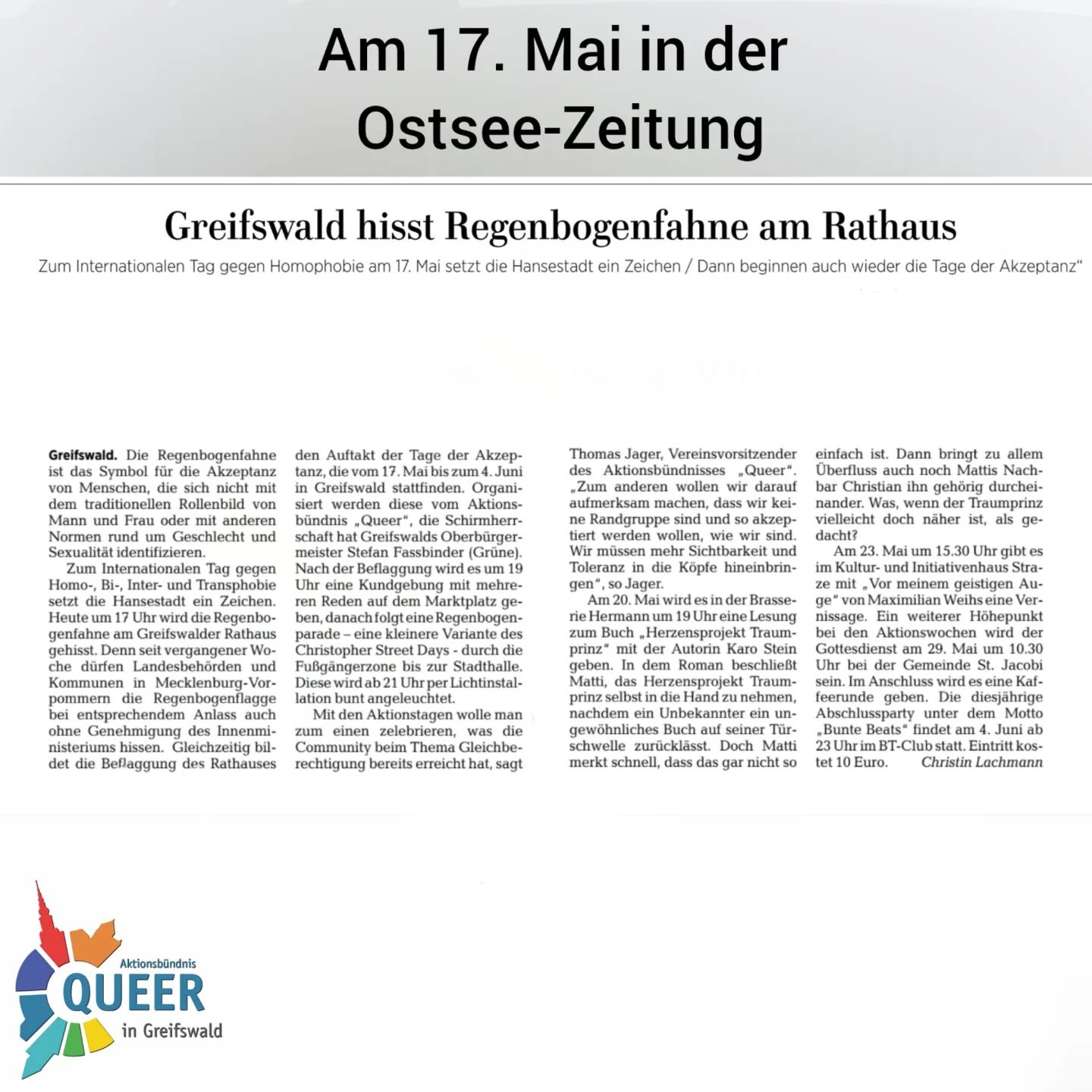 ❤️🧡💛💚💙💜
Tage der Akzeptanz - internationaler Tag gegen Queerfeindlichkeit

Heute wurde ein Artikel in der @ostsee_zeitung veröffentlicht, in dem nochmal auf die Tage der Akzeptanz hingewiesen wurde. Auch unser Vorstandsvorsitzender Thomas konnte ein paar Worte äußern und ein klares Zeichen für mehr Akzeptanz in der Gesellschaft setzen.

#queer #queermv #queer_hgw #queerinmv
#pride #csd #csddeutschland #csdnord #lsvd 
#gay #lesbisch #schwul #bi #trans #inter #andersabernormal 
#tda #Tagederakzeptanz #tda2022 #idahobit #idaq
